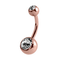 PVD Rose Gold Double Jewelled Navel Banana : 1.6mm (14ga) x 10mm x Clear Crystal