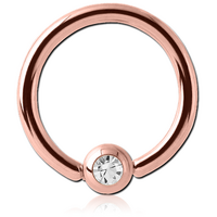 PVD Rose Gold Jewelled Ball Closure Ring : 1.0mm (18ga) x 8mm x 3mm Clear Crystal ball