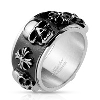 Skulls and Celtic Crosses on Black Spinner Center Stainless Steel Rings