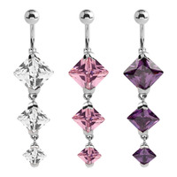 Steel Square Prong Set Dangle Navel : 1.6mm (14ga) x 10mm x Clear Crystal