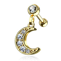 Clear Gem Paved Moon Barbell Stud - Gold PVD