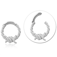 Surgical Steel Clicker with Twisted Ring and a  Barbed Wire Motif. 1.2mm (16ga) thick, 8mm internal diameter