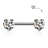 Threadless Heart Gem Prong Set Silver Plated Decorative Nipple Bar : 1.6mm (14ga) x 12mm CZ