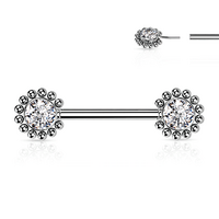 Threadless Beaded Edge Jewelled Cluster Silver Plated Decorative Nipple Barbell : 1.6mm (14ga) x 14mm CZ