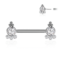 Threadless Multi Jewelled Trinity Beaded Cluster Silver Plated Decorative Nipple Barbell : 1.6mm (14ga) x 14mm CZ