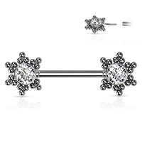 Threadless Beaded Star Jewelled Cluster Silver Plated Decorative Nipple Barbell : 1.6mm (14ga) x 14mm CZ
