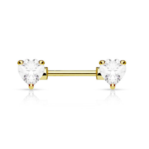 Gold PVD Clear Jewelled Heart Nipple Bar. Thickness 1.6mm, Length 12mm