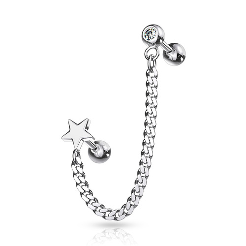 Steel Jewelled Barbell with Chain Linked Star Symbol