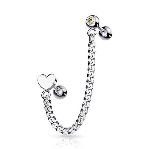 Steel Jewelled Barbell with Chain Linked Heart Symbol