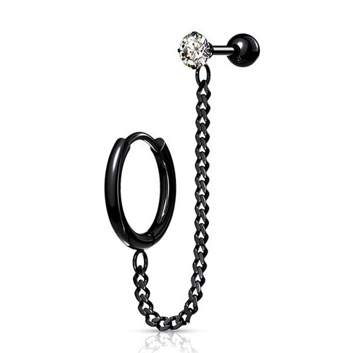 Steel Jewelled Barbell with Chain Linked Hoop : 1.2mm (16ga) x 6mm x Black Steel