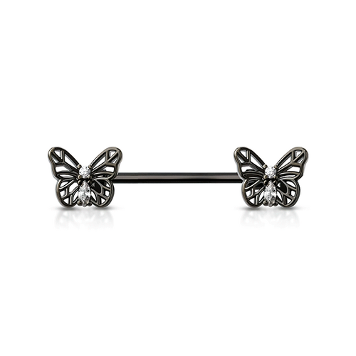 Micro Jewelled Butterfly Black Plated Decorative Fashion Nipple Barbell