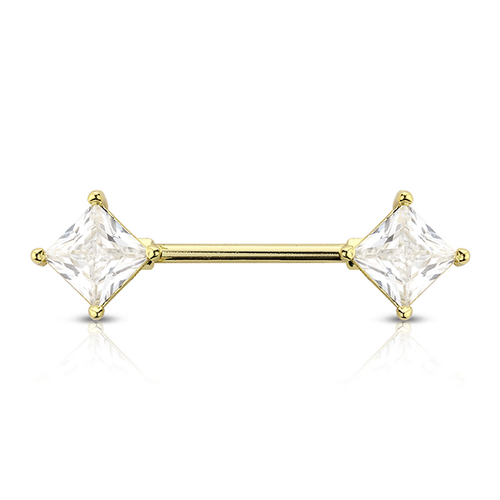 Clear Prong Set Rhombus Jewelled Gold Plated Decorative Fashion Nipple Barbell