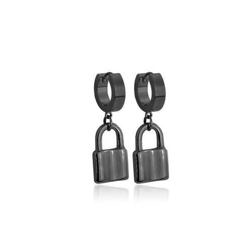 Black colour pair of stainless steel huggie/hoop earrings with locks