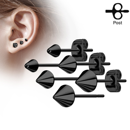 Pair of Cone Spike Stainless Steel Earring Studs - Black PVD