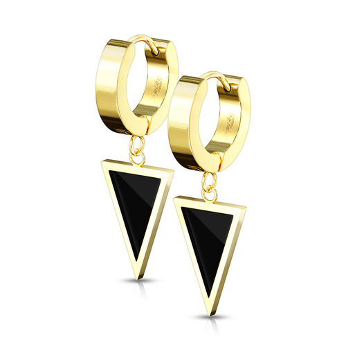 Pair Stainless Steel Hinged Hoop Earrings With Black Enamel Filled Triangle Dangle - Gold PVD