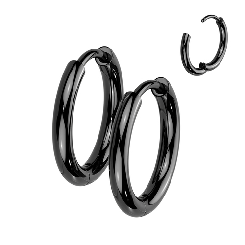 Pair Titanium 2mm Thick Hinged Plain Round Hoop Earrings - Black PVD