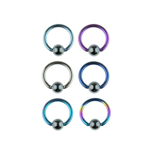 Titanium Ball Closure Ring with Hematite Ball : 1.6mm (14ga) x 10mm x Rainbow