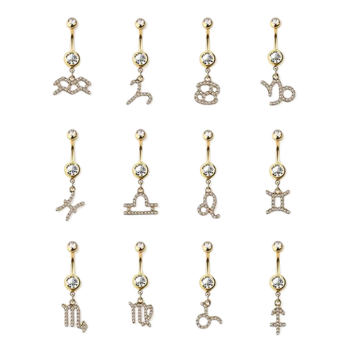 Gold plated gem paved zodiac sign 316l surgical steel dangle navel ring