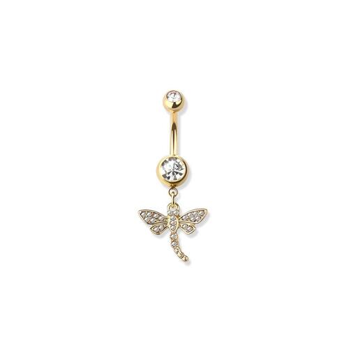 Gold plated gem paved dragonfly dangle 316l surgical steel navel ring