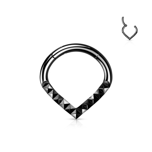 Hinged Segment Hoop Ring With Pyramid Cut Chevron - Black PVD