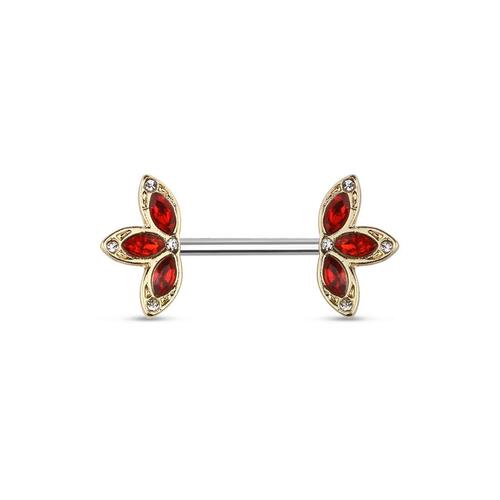 Nipple Barbells With Crystal 3 Petal Flower Ends - Red / Clear