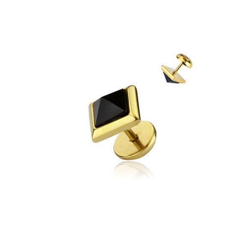 Onyx Pyramid Square Fake Plug With Clear Gem IP Gold Plated