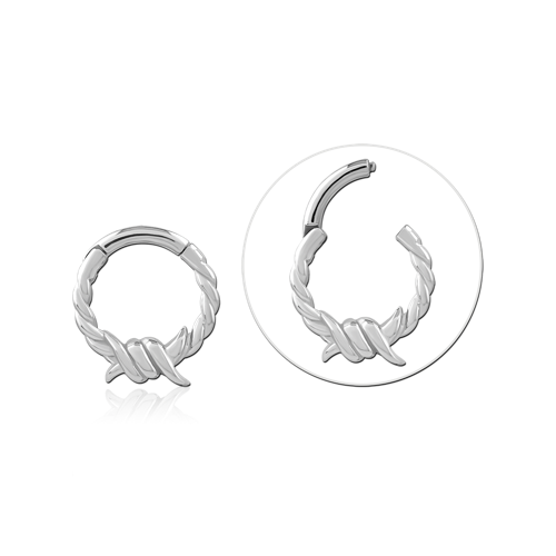 Surgical Steel Clicker with Twisted Ring and a  Barbed Wire Motif. 1.2mm (16ga) thick, 8mm internal diameter