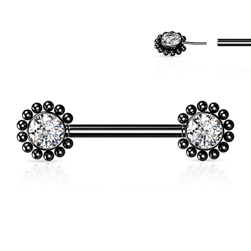 Threadless Beaded Edge Jewelled Cluster Black Plated Decorative Nipple Barbell