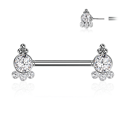 Threadless Multi Jewelled Trinity Beaded Cluster Silver Plated Decorative Nipple Barbell