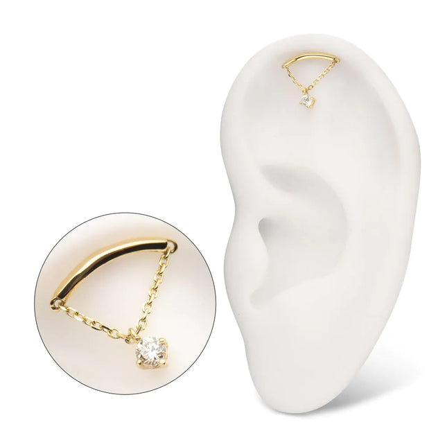 Invictus 14Kt Yellow Gold Threadless Curved Bar Top with 4-Prong Lab-Grown Diamond Dangle