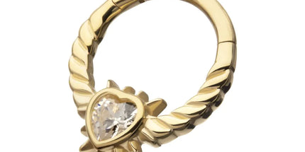 Invictus 14kt Yellow Gold Spike Edge Bezel Heart Gem Wired Hoop Front Facing Hinged Segment Clicker