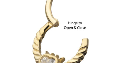 Invictus 14kt Yellow Gold Spike Edge Bezel Heart Gem Wired Hoop Front Facing Hinged Segment Clicker
