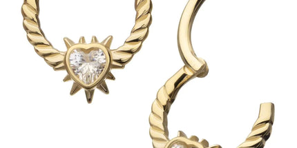 Invictus 14kt Yellow Gold Spike Edge Bezel Heart Gem Wired Hoop Front Facing Hinged Segment Clicker