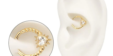 Invictus 14kt Yellow Gold Spike Edge Bezel Heart Gem Wired Hoop Front Facing Hinged Segment Clicker