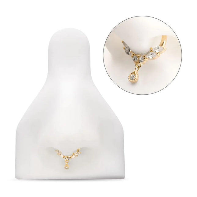 Invictus 14Kt Gold Marquise Cluster Butterfly with Gem Dangle Front Facing Hinged Segment Clicker