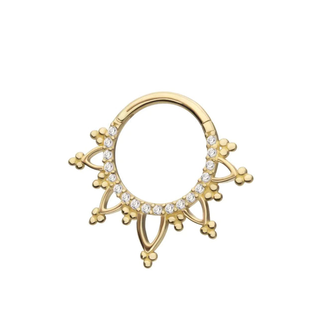 Invictus 14Kt Gold Beaded Edge with 1mm CNC Set Round Gem Front Facing Hinged Segment Clicker