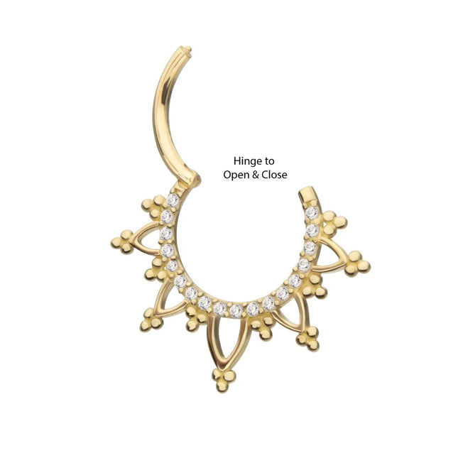 Invictus 14Kt Gold Beaded Edge with 1mm CNC Set Round Gem Front Facing Hinged Segment Clicker