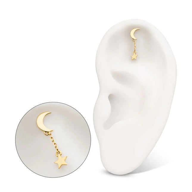 Invictus 14Kt Yellow Gold M0.8 Internally Threaded Crescent Moon Top with Dangle Star