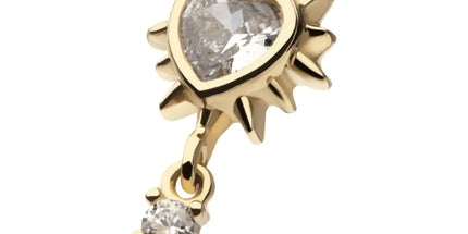 Invictus 14Kt Yellow Gold Threadless Spike Edge Bezel Heart Gem Top with Prong Set Round Dangle