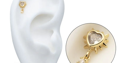 Invictus 14Kt Yellow Gold Threadless Spike Edge Bezel Heart Gem Top with Prong Set Round Dangle