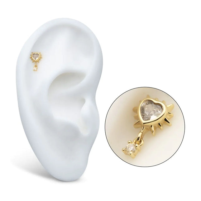 Invictus 14Kt Yellow Gold Threadless Spike Edge Bezel Heart Gem Top with Prong Set Round Dangle