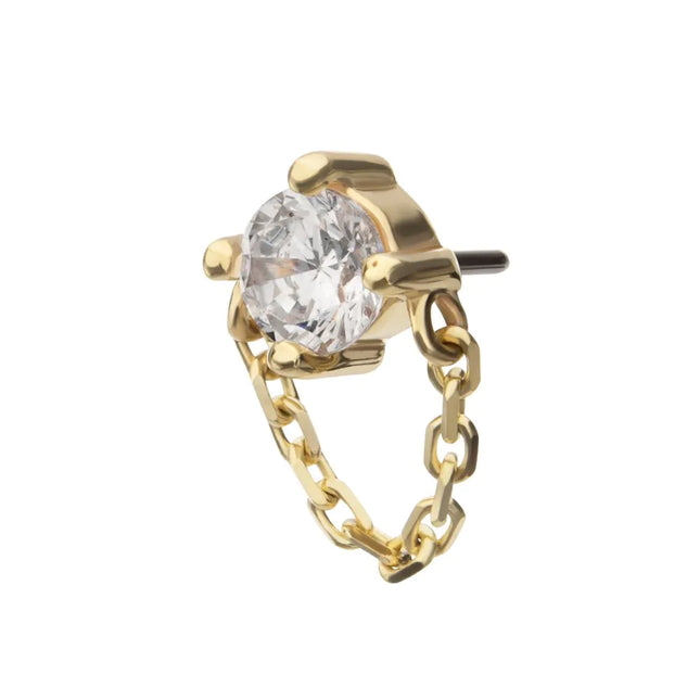 Invictus 14Kt Yellow Gold Threadless 4-Prong Round Gem Top with Rolo Chain Dangle