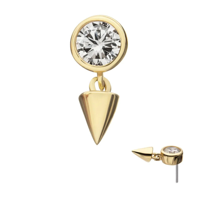 Invictus 14Kt Yellow Gold Threadless Bezel Set Round Gem Top with Spike Dangle