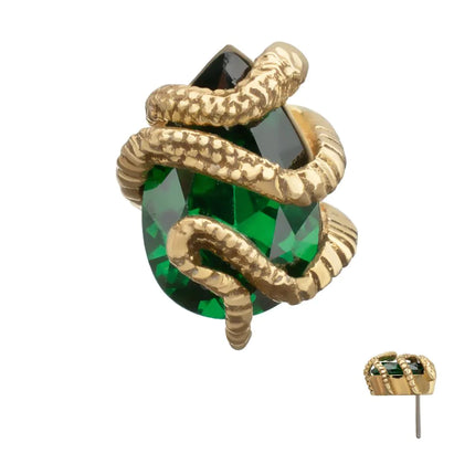 Invictus 14Kt Yellow Gold Threadless Serpent Wrapped on Teardrop Emerald Top