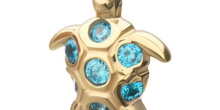 Invictus 14kt Yellow Gold Threadless 2D Sea Turtle Top with Bezel Aqua Gem