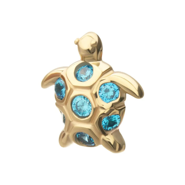 Invictus 14kt Yellow Gold Threadless 2D Sea Turtle Top with Bezel Aqua Gem