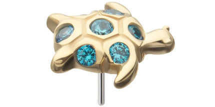 Invictus 14kt Yellow Gold Threadless 2D Sea Turtle Top with Bezel Aqua Gem