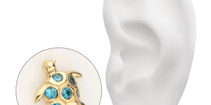 Invictus 14kt Yellow Gold Threadless 2D Sea Turtle Top with Bezel Aqua Gem