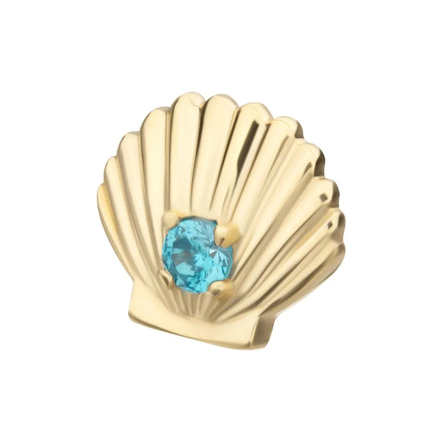 Invictus 14Kt Yellow Gold Threadless Etched Seashell Top with Prong Set Aqua Gem