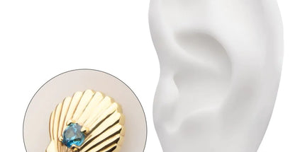 Invictus 14Kt Yellow Gold Threadless Etched Seashell Top with Prong Set Aqua Gem